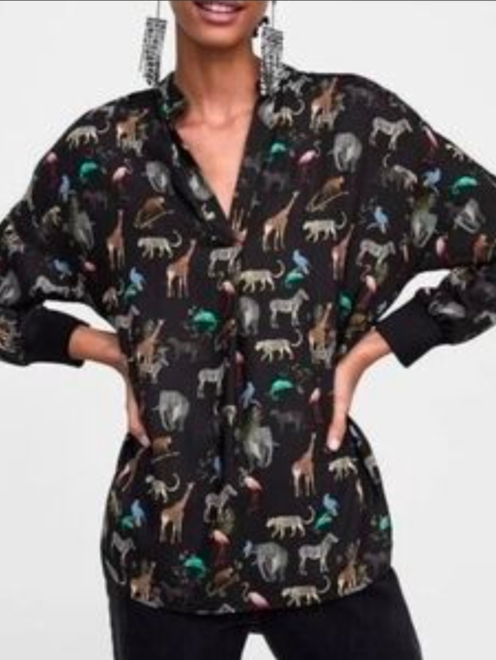Zara Black Top with Colorful Safari Animal Print Size XS